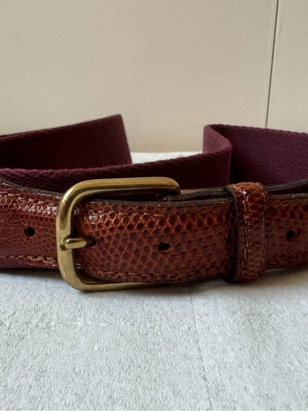 Vintage Cole Haan Genuine Lizard & Canvas Belt Burgundy Brown Size 32⁠